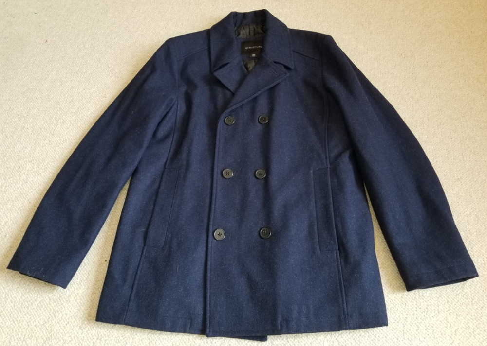 Mens Jacket-STRUCTURE-navy blue wool blend Peacoat Classic quilted lining-M